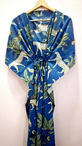 Blue Animal Jungle Print Kaftan Maxi Dress Women Long Dressing Gown Loungewear - Picture 1 of 6