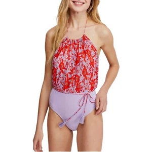 Free People Purple Red Floral Liza Halter Thong Bodysuit  Combo Size Medium - Picture 1 of 8