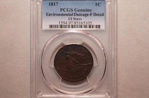 1817 CORONET HEAD LARGE CENT GRADED PCGS GENUINE FINE DETAILS 13 STARS - Picture 1 of 4