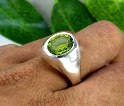 Solid 925 Sterling Silver AA Green Peridot Cut Gemstone Birthday Gift Men's Ring - Image 1 of 4