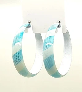 E001 DIAGONAL STRIPE WHITE & BLUE 2 INCH HOOP METAL HOOP FASHION EARRINGS #3 - Picture 1 of 5