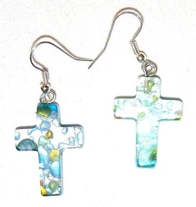 EARRINGS E21 Fused Glass Crosses TURQUOISE BLUE/SILVER FOIL CROSS - Picture 1 of 1