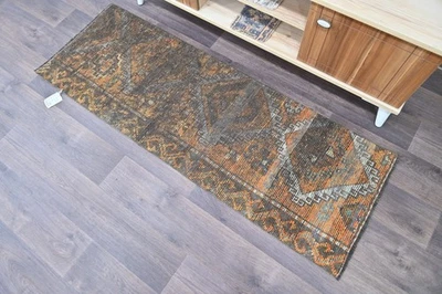 Vintage Turkish Runner Rug 2x5ft ORANGE Handmade Anatolian Oushak Hallway Wool - Image 1 of 4