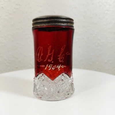 EAPG Salt Shaker Flash Glass Red Ruby Heart Band Mckee & Bros OGC 1904 - Image 1 of 4