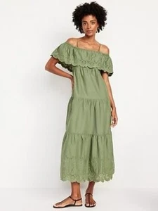 NEW Old Navy Cold Shoulder Maxi Swing Dress Medium Olive - Picture 1 of 11