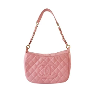 Bolso de Hombro Hobo CHANEL Acolchado Grano Piel de Becerro Cuero Rosa - Imagen 1 de 20