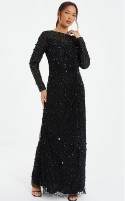 Vestido de noche negro con detalle de torcido adornado Quiz - talla 6/10 Reino Unido - precio de venta sugerido por el fabricante 350 USD Foto 1 de 4