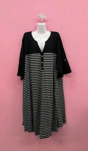 Bloomchic Stripes Button Tab Sleeve Women's Midi Dress Size US 30 Black - Picture 1 of 9