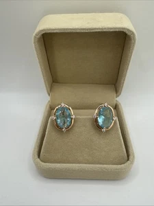 14CT ROLLED Gold Earrings Sea Blue Aqamarine (Lab-created) Hallmarked 585RG - Picture 1 of 8