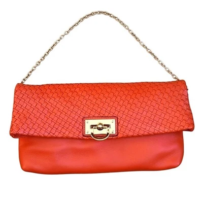 NEW! Banana Republic Woven Leather Clutch with Chain Strap Purse Bag Orange - Image 1 of 4