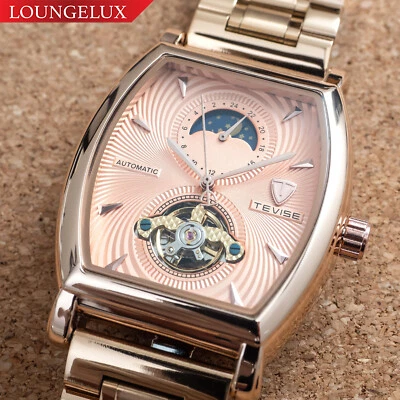 Reloj mecánico automático fase lunar oro rosa para hombre acero inoxidable esfera 24 horas Foto 1 de 4