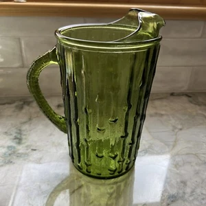 Vintage Anchor Hocking Tahiti Bamboo Green Glass Pitcher MCM Perfect Condition - Picture 1 of 9