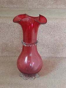 Cranberry Ruffle Vase With Clear Glass Frill Collar & Base Detail Vintage  - Picture 1 of 7
