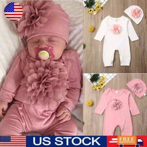 2PCS Newborn Baby Girl Clothes 3D Floral Long Sleeve Romper Jumpsuit Outfits - Picture 1 of 11