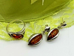 925 Sterling Silver Real Stone Amber Earrings and Ring Set 7.53g, L1/2 ring size - Picture 1 of 10