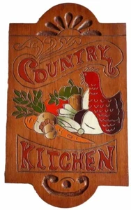 Vintage COUNTRY KITCHEN Carved Wood Wall Plaque Wall Hanging Sign 19"x 11" Cute - Picture 1 of 4