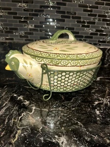  Temptations Bakeware Old World Green Pattern Hen Chicken 2.5 Qt. Casserole NEW - Picture 1 of 12