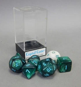 7pc Crystal Caste Satin Green w blue polyhedral dice set OOP - Picture 1 of 2