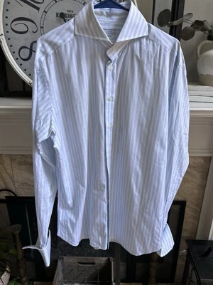 RIDDLE MCINTYRE Bespoke dress shirt French cuff white mid blue stripes 16.5 x 37 - Image 1 of 4