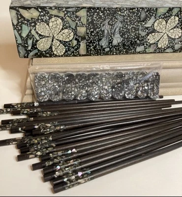 Mother of Pearl Abalone Shell Inlay Box Set #20 Wood Chopsticks #10 Rests Unused - Image 1 of 4