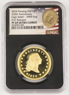 2024 Flowing Hair $1 1 Oz Gold High Relief Coin NGC PF69 UC First Releases Retro - Image 1 of 4