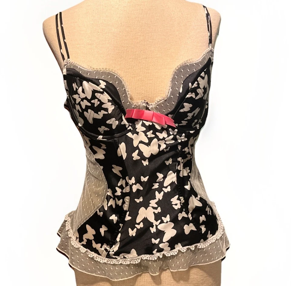 CORSÉ JEZABEL WISH BUSTIER 30805 NEGRO CON BLANCO MARIPOSAS ENCAJE ROSA 36B Foto 1 de 4