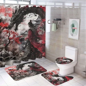 Set 4 Pezzi Tende da Doccia Rustiche Giapponesi Samurai Drago,Giapponese Astratto in... - Foto 1 di 8
