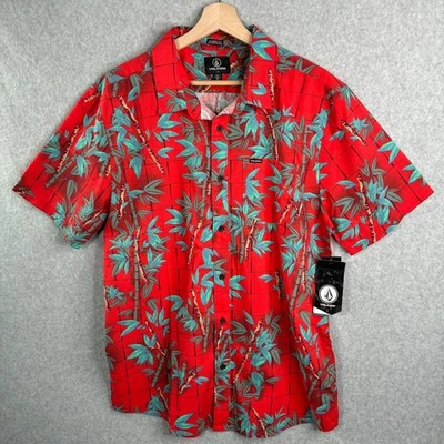 Volcom Shirt Mens Large Red Bamboozled Floral Button Up Hawaiian Tropical Surf - Image 1 of 4