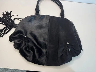 Stuart Weitzman Black Suede & Calf Hair Satchel Shoulder Bag with Tassel - Image 1 of 4