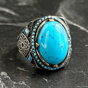 Men's Oval Turquoise Gemstone Silver Ring , Silver Light Blue Stone Signet Ring - Picture 1 of 8