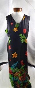 Vtg Jane Ashley XL Black Bright Hibiscus Hawaiian Beaded Sleeveless Maxi Dress - Picture 1 of 7