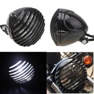 Motorcycle Finned Grill Led Headlight Lamp For Cafe Racer Bobber Chopper - Picture 1 of 9