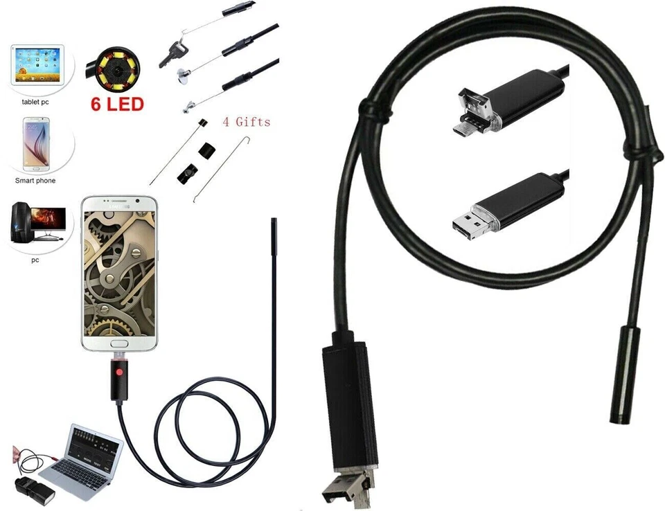 TELECAMERA ENDOSCOPICA 6 LED TUBO FLESSIBILE USB 10 MT IMPERMEABILE ISPEZIONE