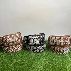 Cintura da uomo Cowboy Western messicano piteado ricamo in pelle Cinto Bordo Vaquero - Foto 1 di 29