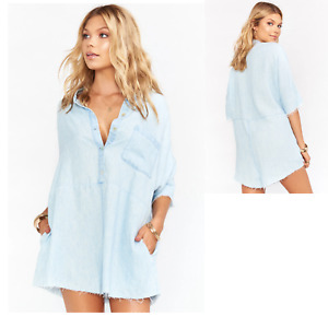 Show Me Your Mumu Horton Romper in Chambray XL Oversized Raw Hem Relaxed Comfy