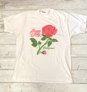 Women’s L/G White Short Sleeve Shirt Pink Rose Lady California Top Size Large - Picture 1 of 3