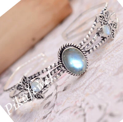 Blauer Feuer Labradorit & Mondstein Edelstein 925 Sterling Silber zierliches ... - Bild 1 von 4