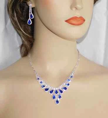 Conjunto de collar y pendientes azul real cristal estrás conjunto nupcial /19159 Foto 1 de 4