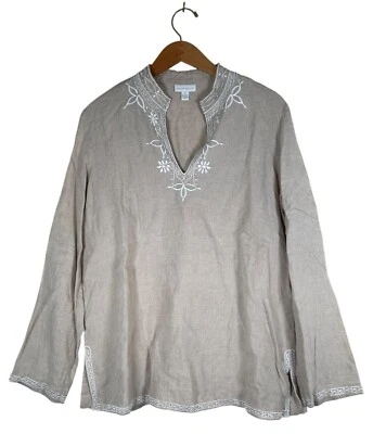 Charter Club Womens Size 16 Kaftan Tunic Top Natural Linen Embroidery Trim L/S - Image 1 of 4