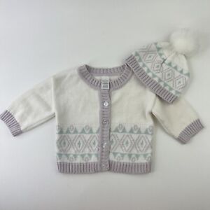 Baby Aspen Button Sweater and Beanie Girls Size 0-6 months Knit 100% Cotton