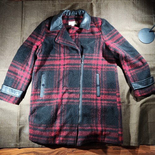 CAPPOTTO CON CERNIERA IN LANA MICHAEL KORS TAGLIA XL Rosso Nero a quadri Finta Pelle Foderato