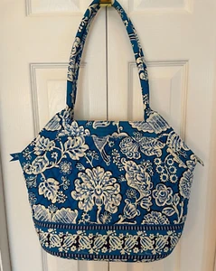 Vera Bradley Blue Lagoon Large Tote Handbag Purse Blue Black White Floral - Picture 1 of 12