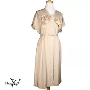 Vintage Reloms Dress Tan w Big Brown and White Check Bow Sz M B38 W34 - Hey Viv - Picture 1 of 9