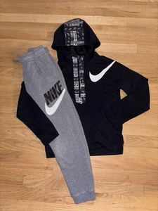 Nike Boys 2pc Black Gray Sweatshirt & Sweatpants Outfit Set Size M Medium 10/12 - Picture 1 of 5