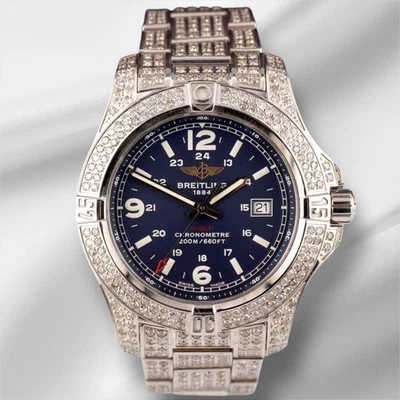 Breitling Colt Hombre 44mm Helado 12ct Diamantes Esfera Azul Acero Cuarzo Reloj - Imagen 1 de 4