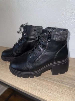 Daisy Fuentes Black Rhinestone Combat Lug Sole Boots Size 9.5 - Image 1 of 4