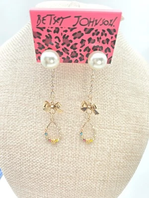 New! BETSEY JOHNSON Bow Earrings Faux Pearl Colorful Crystals Dangle Drop Signed - Image 1 of 4