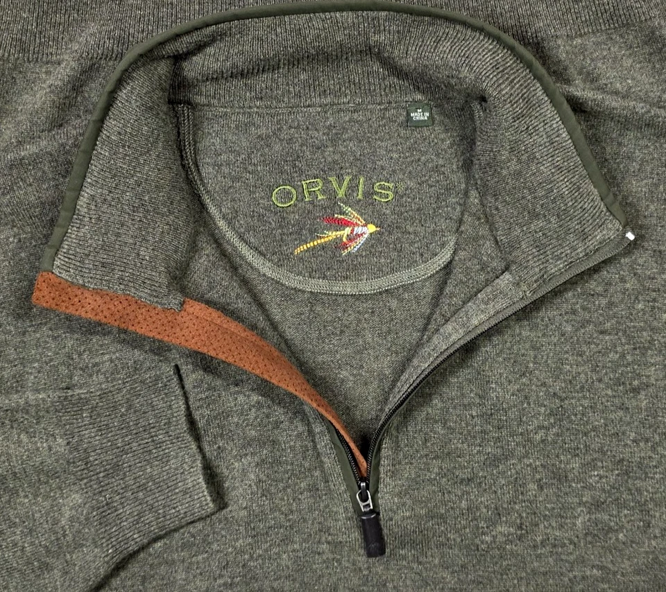 Orvis Sweater Mens M Wool Cashmere Blend Olive 1/4 Zip Elbow Patch Pullover - Image 1 of 4