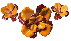 Vintage Fall Flower Brown Enamel Metal Brooch & Clip Earrings - Picture 1 of 4