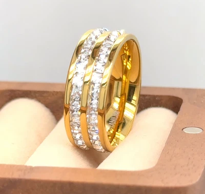 Anillo de propuesta de titanio de oro amarillo de 8 mm corte princesa circonita cúbica banda anillo de regalo de Navidad Foto 1 de 4